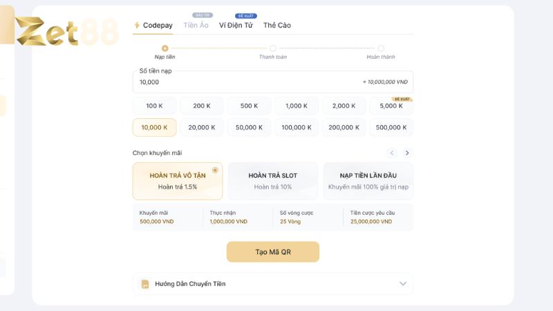 Nạp tiền Zet88 qua Codepay nhanh chóng