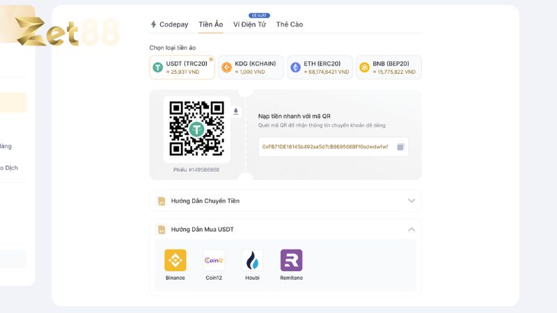 Nạp tiền Zet88 bằng tiền điện tử dễ dàng
