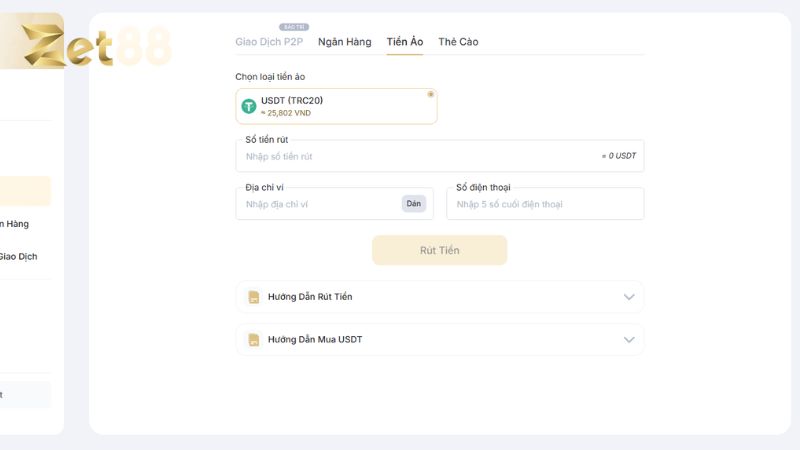 Rút tiền Zet88 bằng USDT tiện lợi